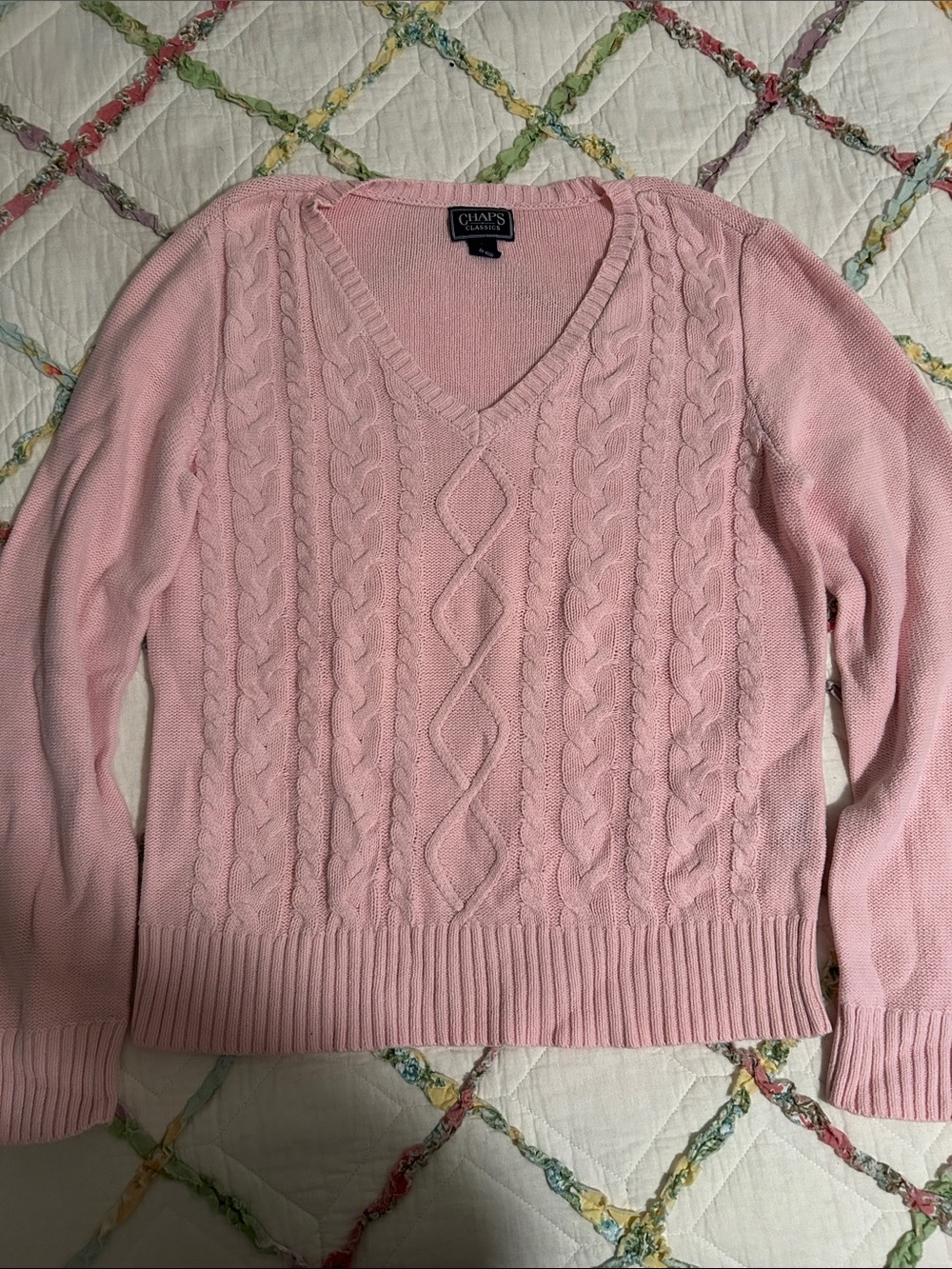 Chaps Light Pink Cable-Knit V-Neck Sweater